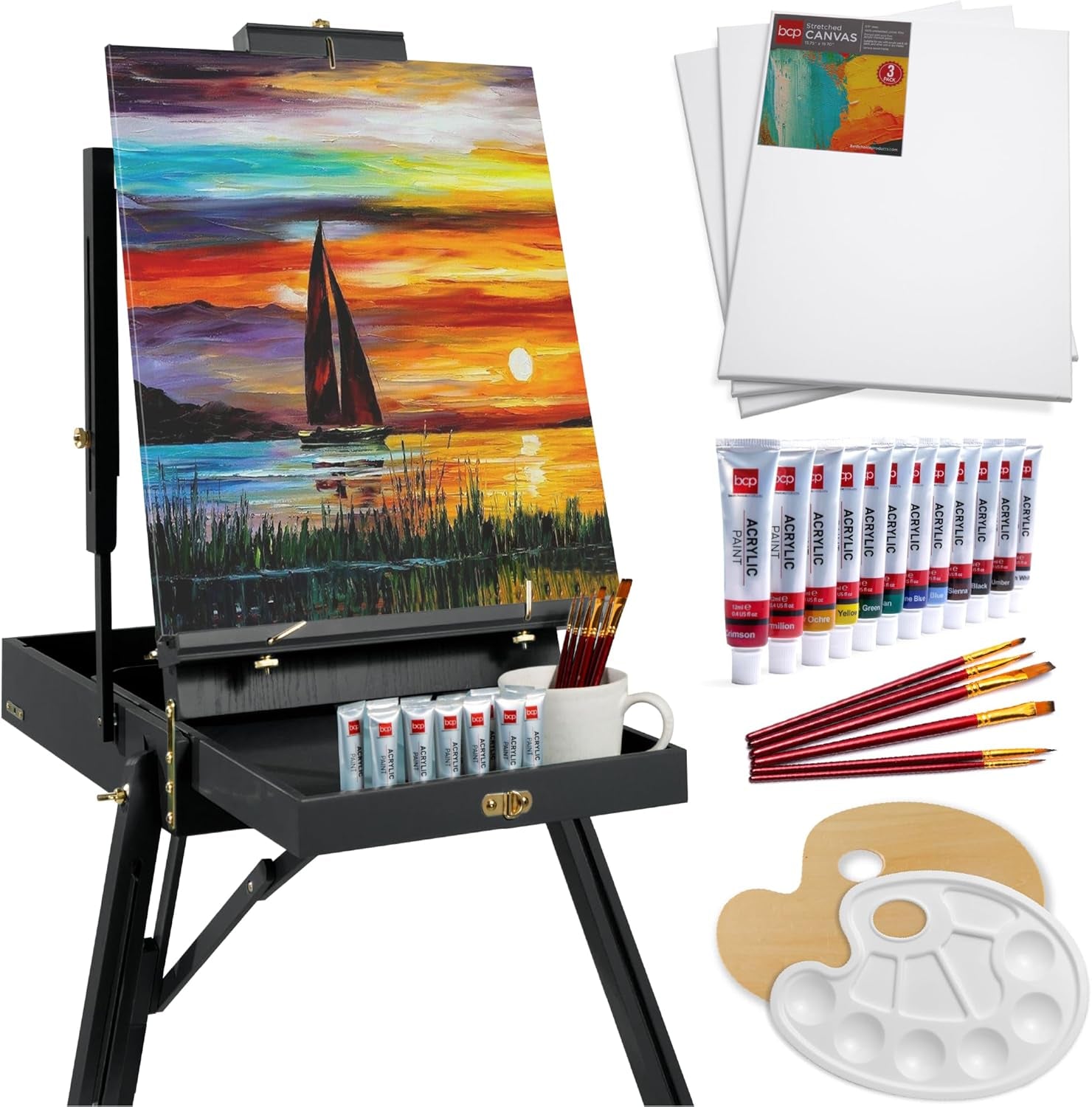 French Easel, 32Pc Beginners Kit Portable Wooden Folding Adjustable Sketch Box Artist Tripod for Painting, Drawing W/Acrylic Paints, Brushes, Canvases, Palettes - Natural