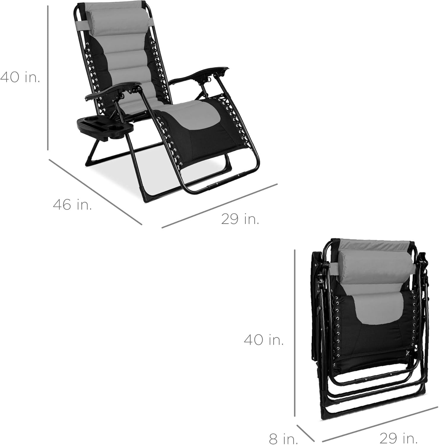 Oversized Padded Zero Gravity Chair, Folding Outdoor Patio Recliner, XL anti Gravity Lounger for Backyard W/Headrest, Cup Holder, Side Tray, Polyester Mesh - Black/Gray