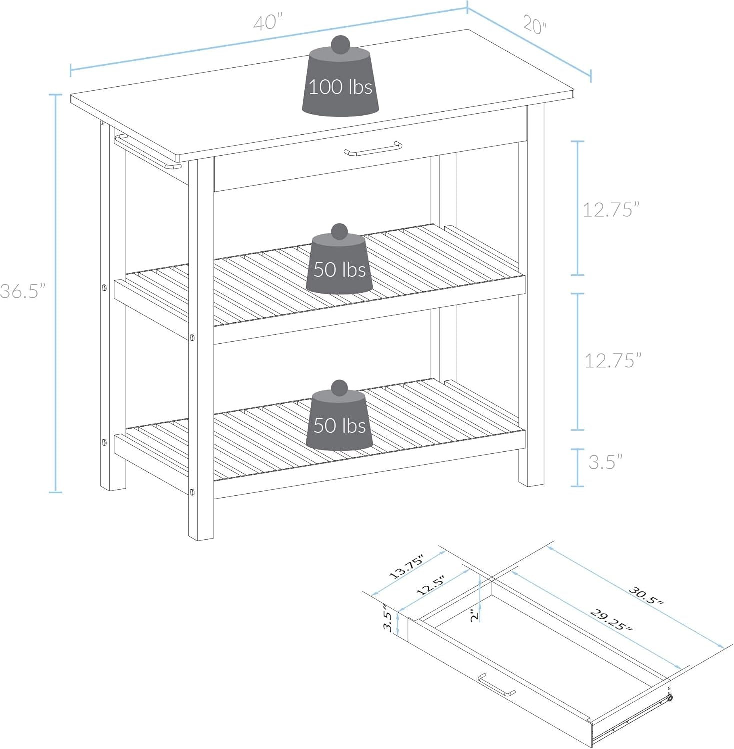 Kitchen Island with Solid American Hardwood Top, Natural/White, 40&quot; W (373-91)