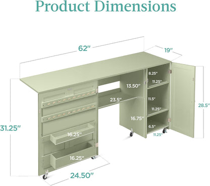 Large Folding Sewing Table, Multipurpose Portable Craft Station &amp; Side Desk W/Compact Design, Caster Wheels, Storage Shelves, 2 Storage Trays, Magnetic Doors - Light Green