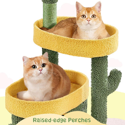 Cactus Cat Tree for Indoor Cats, 48.5In Cat Tower with 2 Large Platform, 2 Tiered Condo, Scratching Posts &amp; Dangling Balls, Oasis-Themed Cat Activity Center