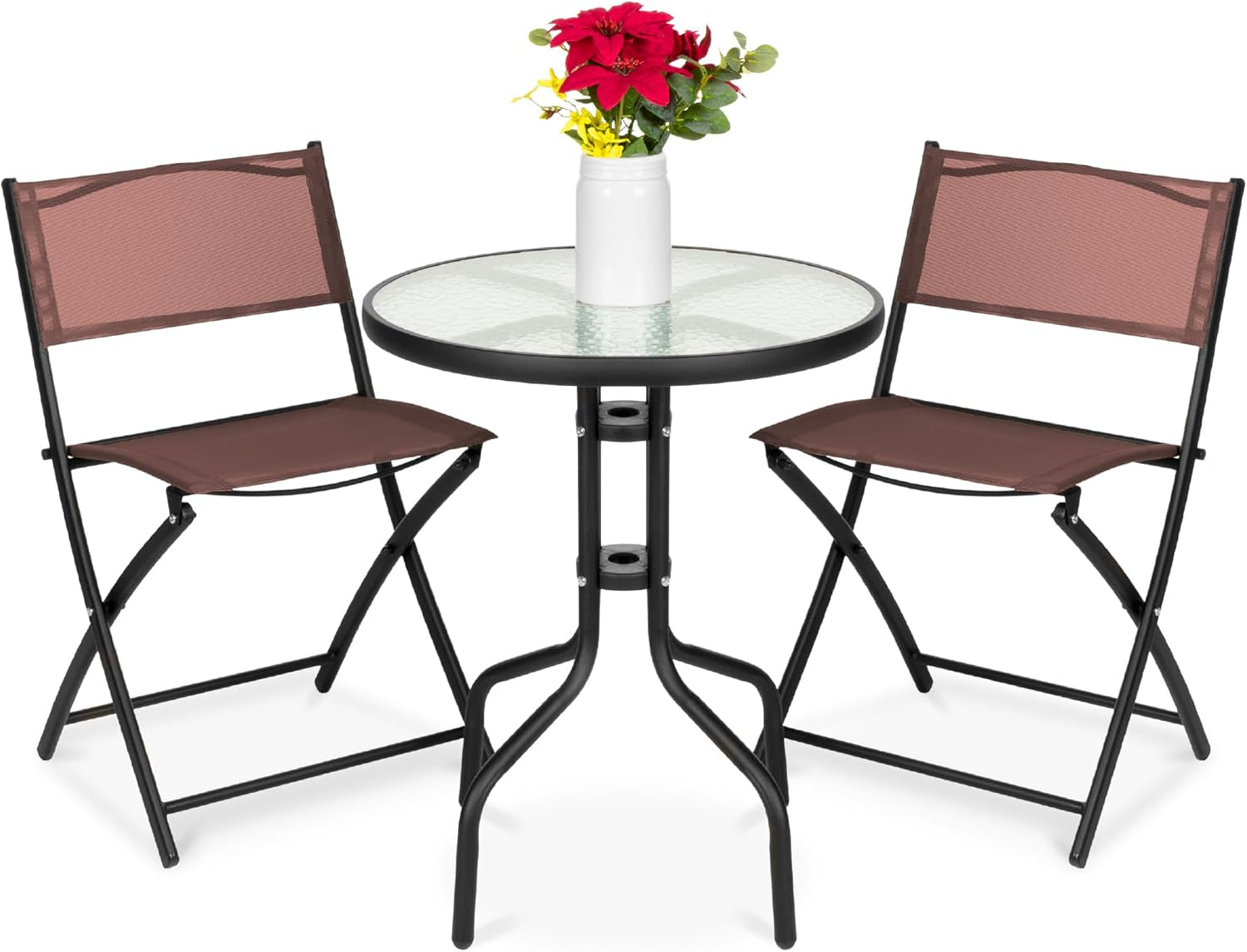 3-Piece Patio Bistro Dining Furniture Set W/Glass Tabletop, 2 Folding Chairs, Steel Frame, Polyester Fabric - Gray