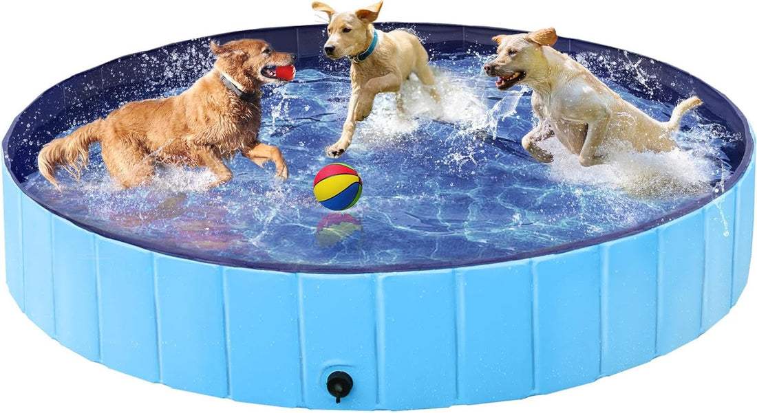 Foldable Dog Pool 63 X 12 Inches Collapsible Hard Plastic Pet Swimming Pool Portable Dog Bath Tub Puppy Cat Shower Pet Wading Pool for Outdoor/Indoor W/Pet Repair Patches, Blue