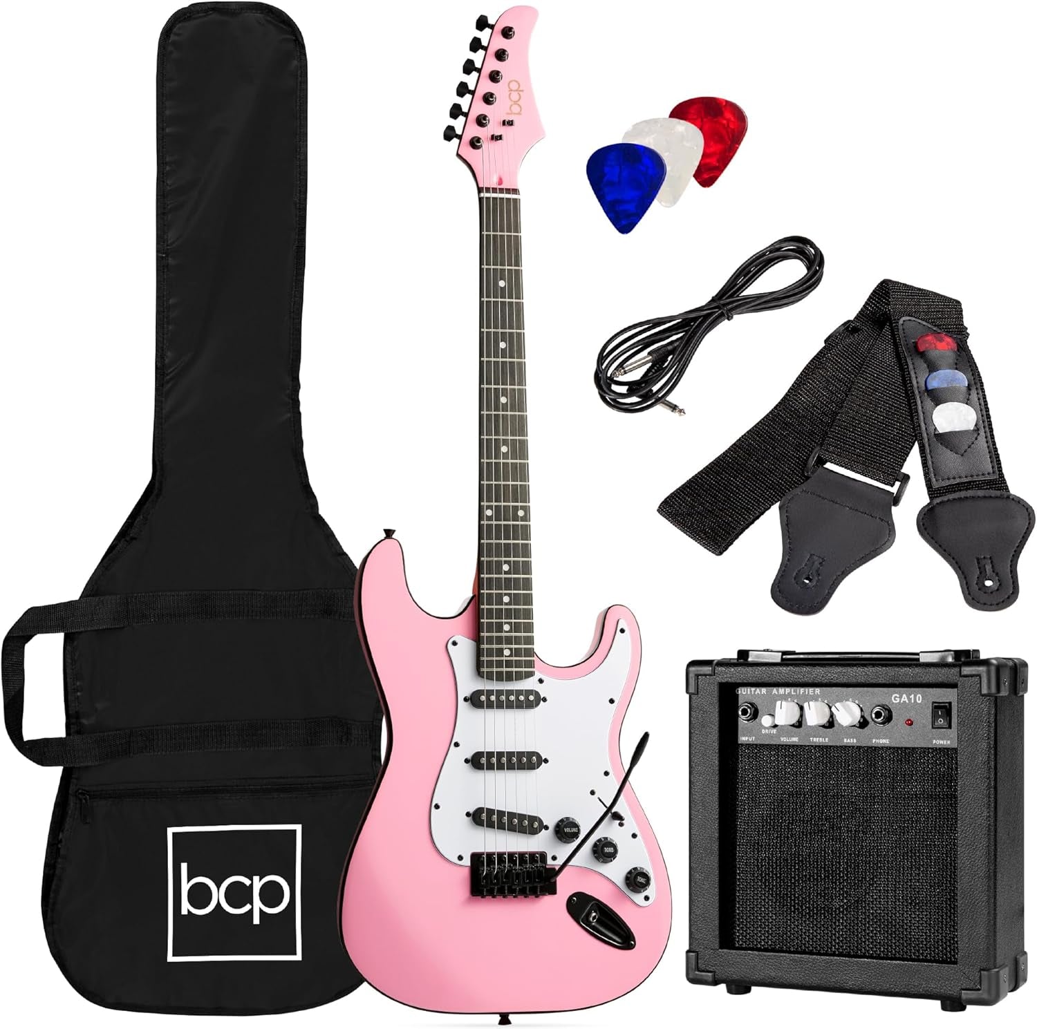 39In Full Size Beginner Electric Guitar Starter Kit W/Case, Strap, 10W Amp, Strings, Pick, Tremolo Bar - Jet Black