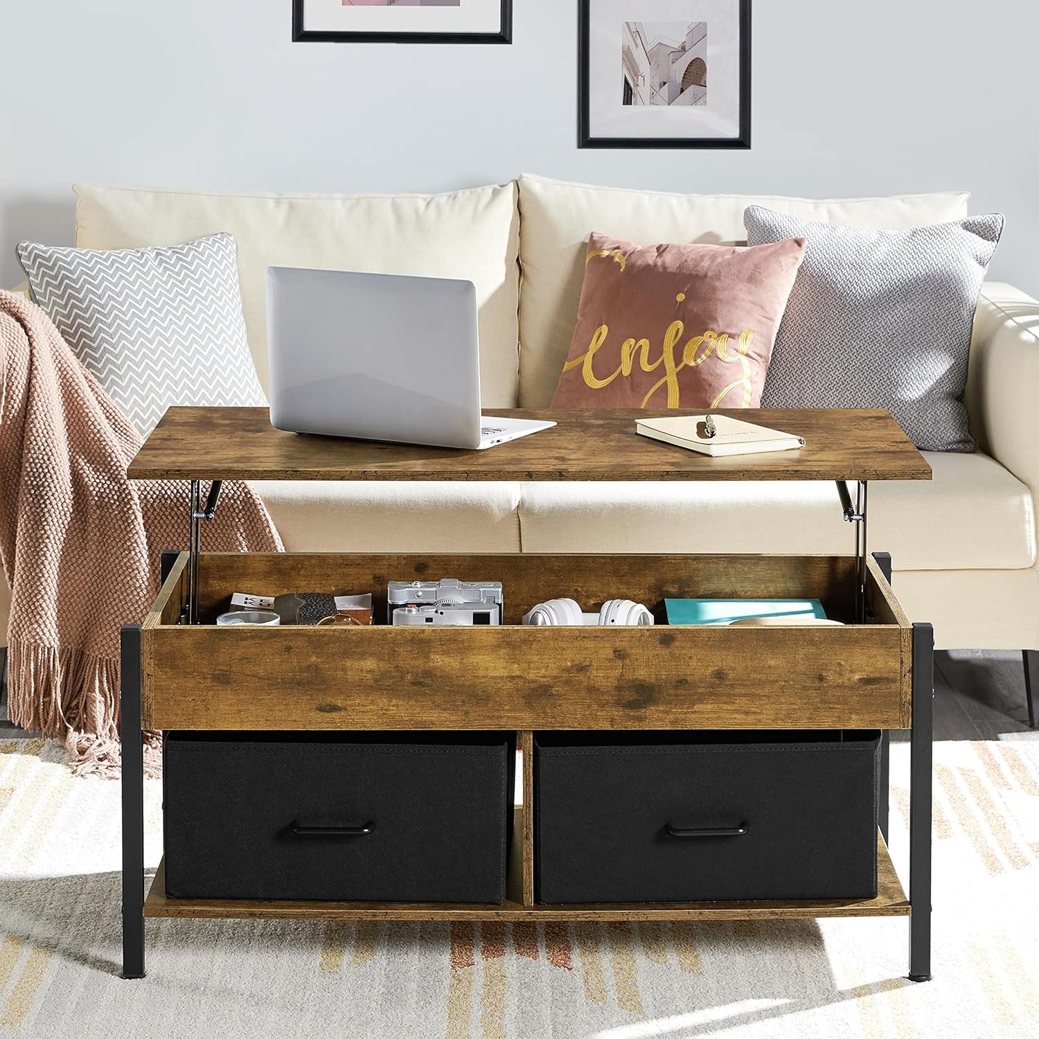 Lift Top Coffee Table with Storage and 2 Fabric Baskets, 41.5 Inch Wooden Raisable Top Coffee Table for Living Room &amp; Office, Rustic Brown