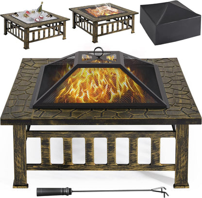 Multifunctional Fire Pit Table 32In Square Metal Firepit Stove Backyard Patio Garden Fireplace for Camping, Outdoor Heating, Bonfire and Picnic