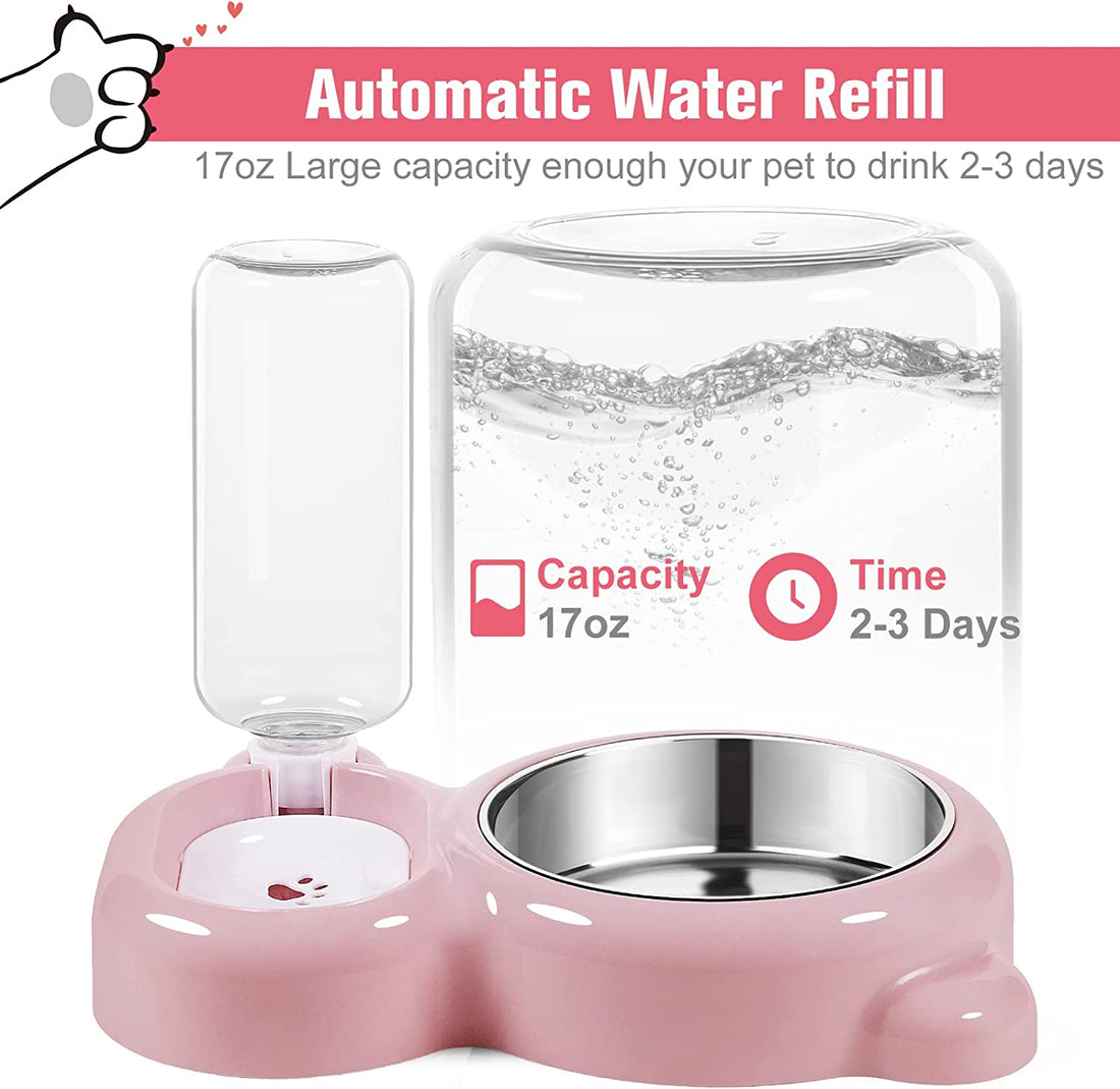 Dog Bowls, Cat Food and Water Bowl Set with Water Dispenser and Stainless Steel Bowl for Cats and Small Dogs - Pink