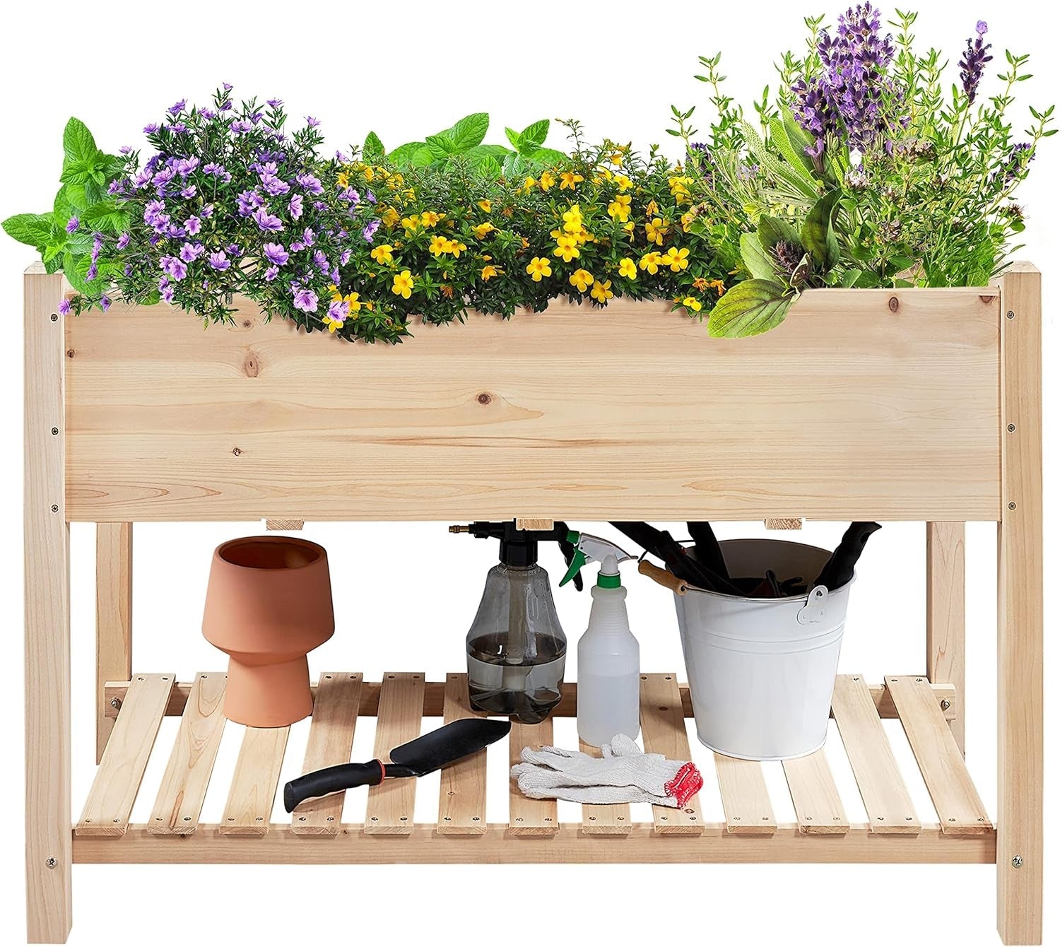 34X18X30In Horticulture Raised Garden Bed Planter Box with Legs &amp; Storage Shelf Wooden Elevated Vegetable Growing Bed for Flower/Herb/Backyard/Patio/Balcony