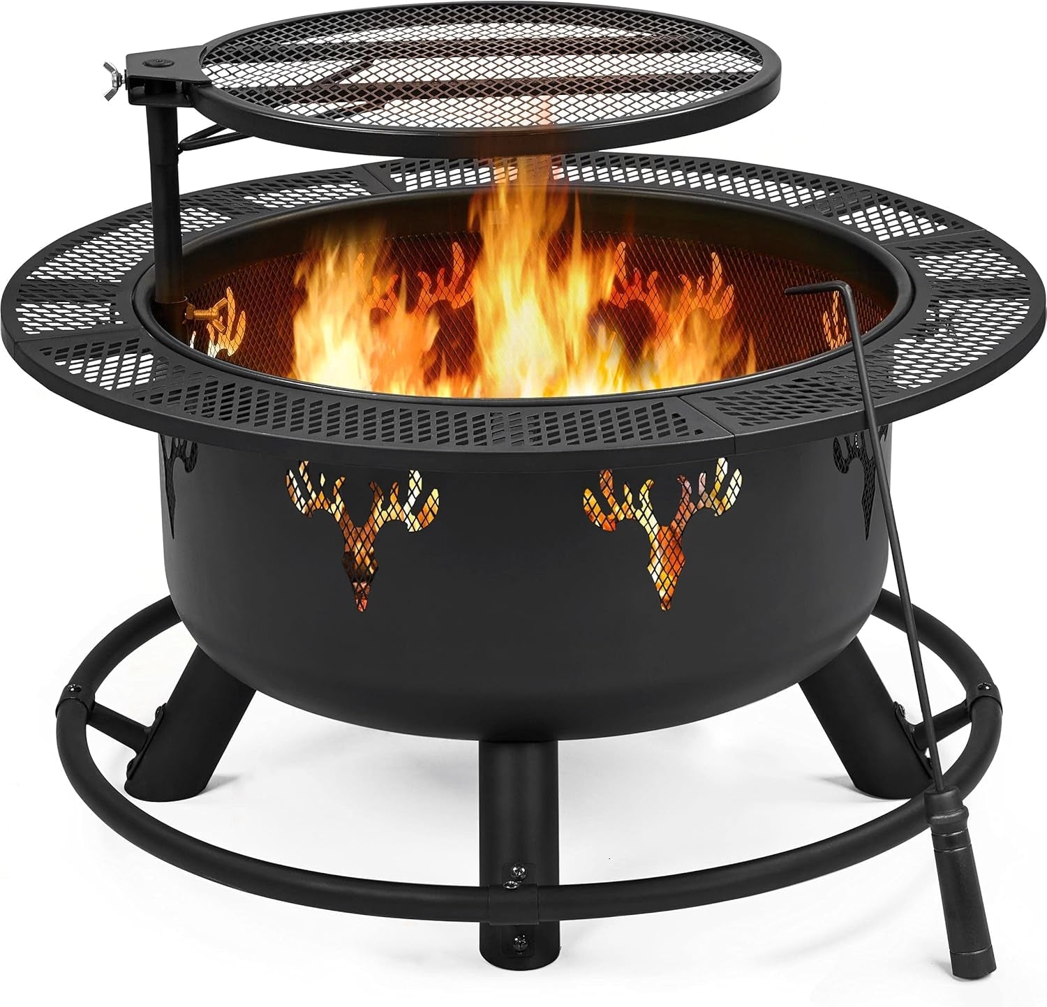 32In Fire Pit Outdoor Wood Burning Firepits Outdoor Fireplace with 18.5 Inch Swivel Cooking Grill Grate &amp; Poker Fire Bowl for Camping, Backyard, BBQ, Garden, Bonfire