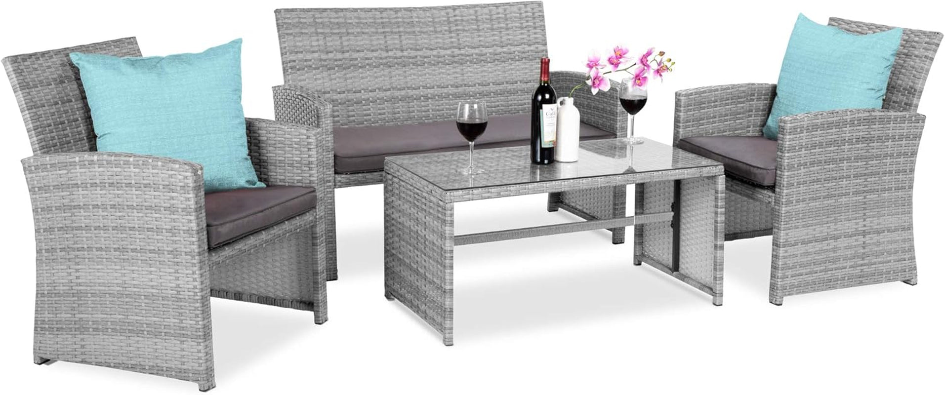 4-Piece Outdoor Wicker Patio Conversation Furniture Set for Backyard W/Coffee Table, Seat Cushions - Gray/Navy