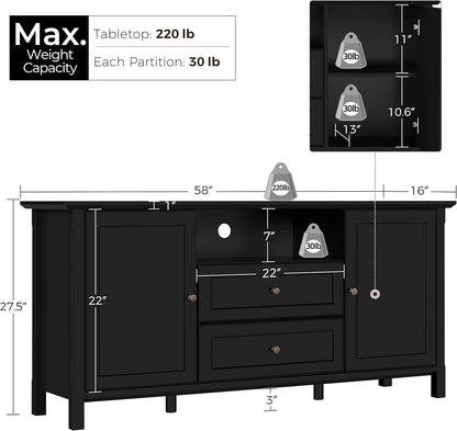 TV Stand with Storage for Tvs up to 65 Inch, Black TV Console Table for Living Room, Media Entertainment Center TV Storage Cabinet with 2 Central Drawers &amp; Open Shelf, 58 In