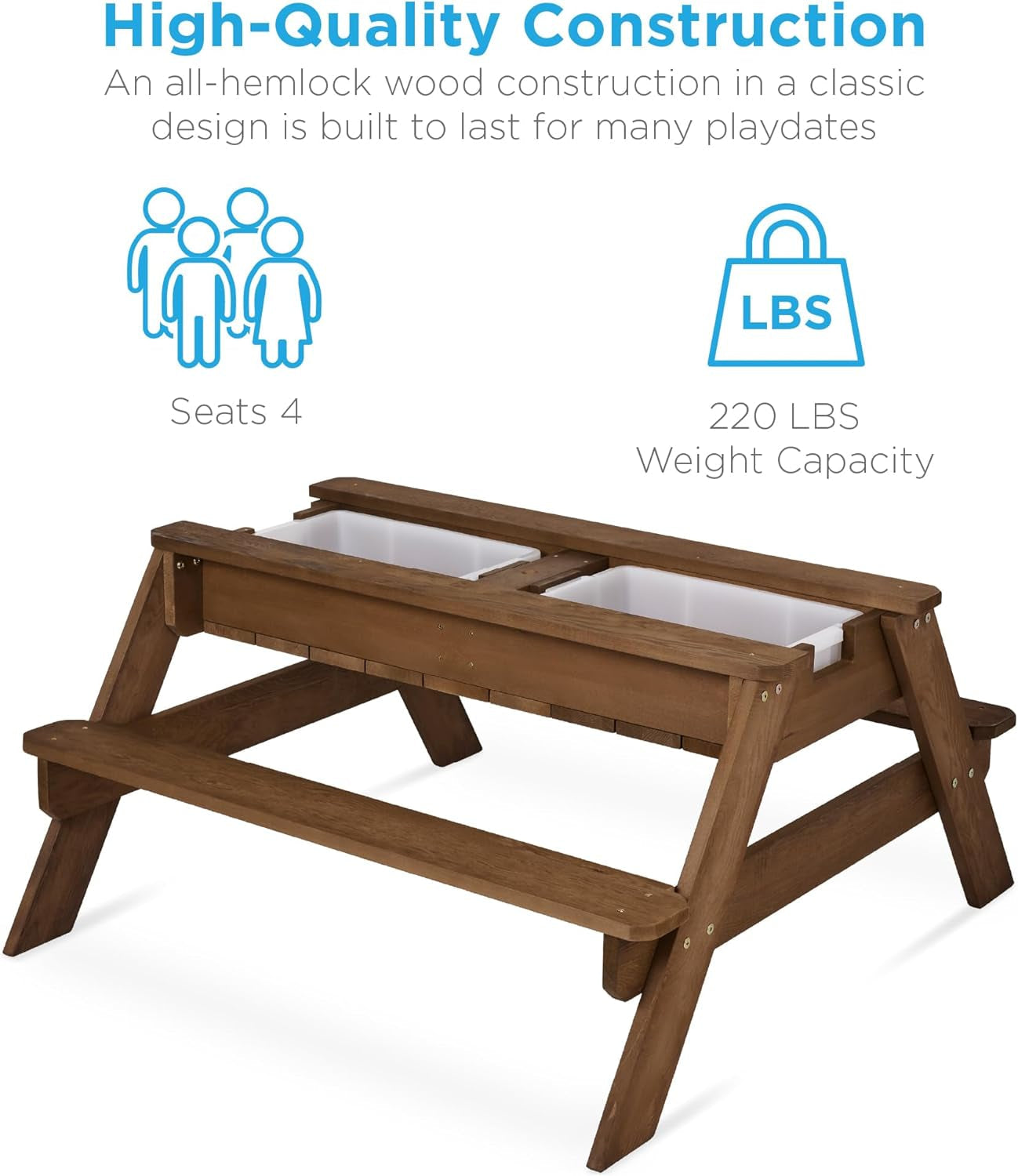 Kids 3-In-1 Sand &amp; Water Table, Wood Outdoor Convertible Picnic Table W/Umbrella, 2 Trays, Removable Top - Walnut/Beige