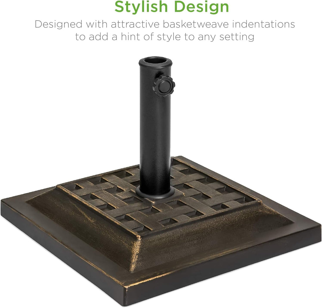 26Lb Outdoor Patio Umbrella Stand Heavy-Duty Steel Square Umbrella Base W/Bronze Finish, Decorative Basket Weave Pattern