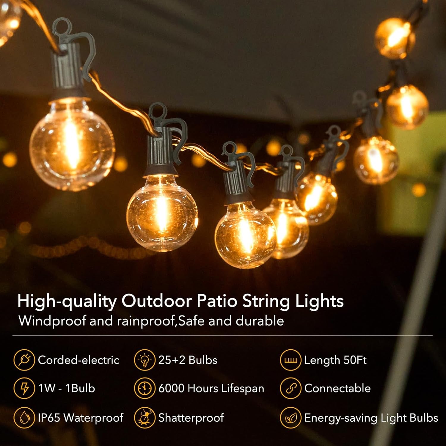 Outdoor String Lights - Connectable Dimmable LED Patio String Lights with G40 Globe Plastic Bulbs, All Weatherproof Hanging Lights for outside Backyard Porch (50 Ft - 25 LED Bulbs)