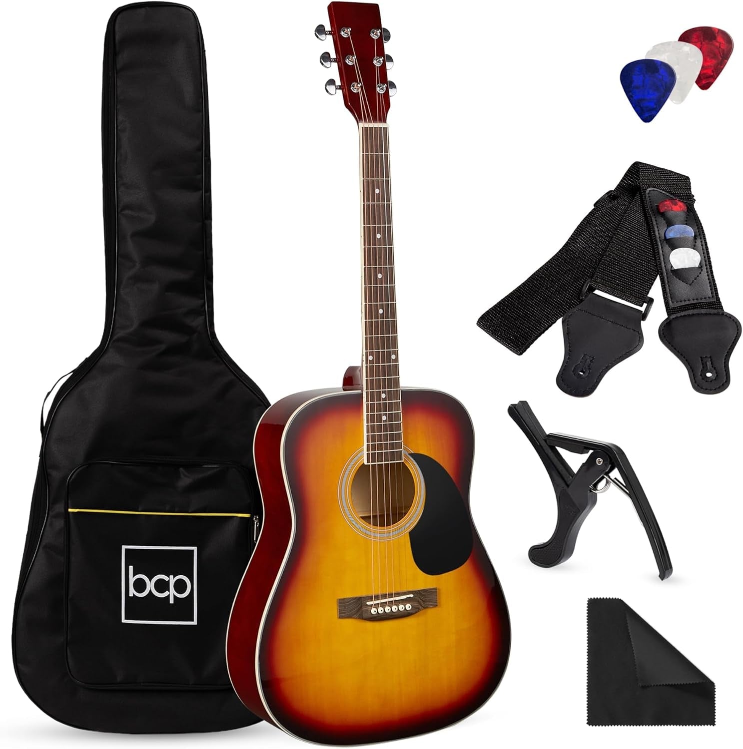 41In Full Size Beginner All Wood Acoustic Guitar Starter Set W/Case, Strap, Capo, Strings, Picks - Natural