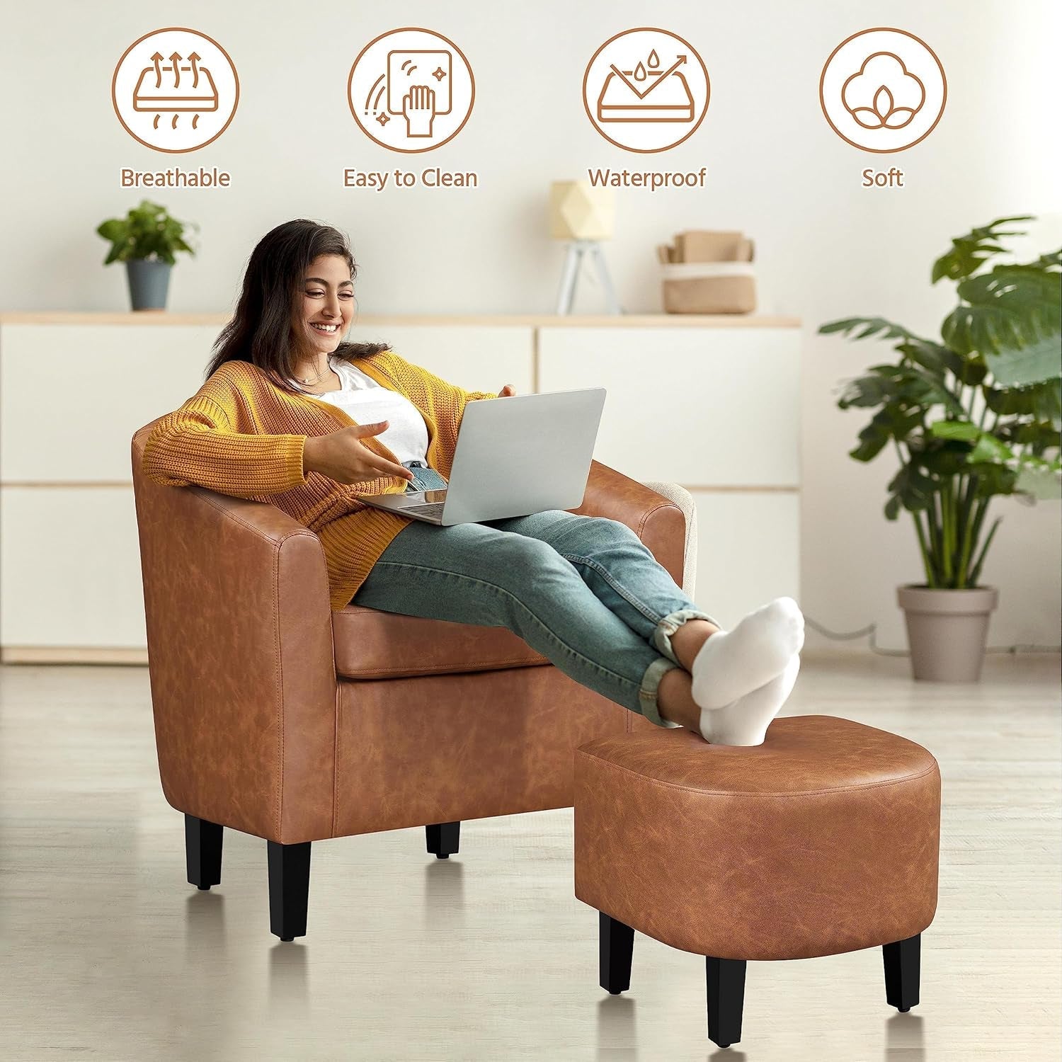 Accent Chair with Ottoman Footstool, PU Leather Modern Upholstered Soft Barrel Chair, Comfy Club Armchair and Footrest Set for Living Room/Bedroom/Reading Room/Guestroom, Brown