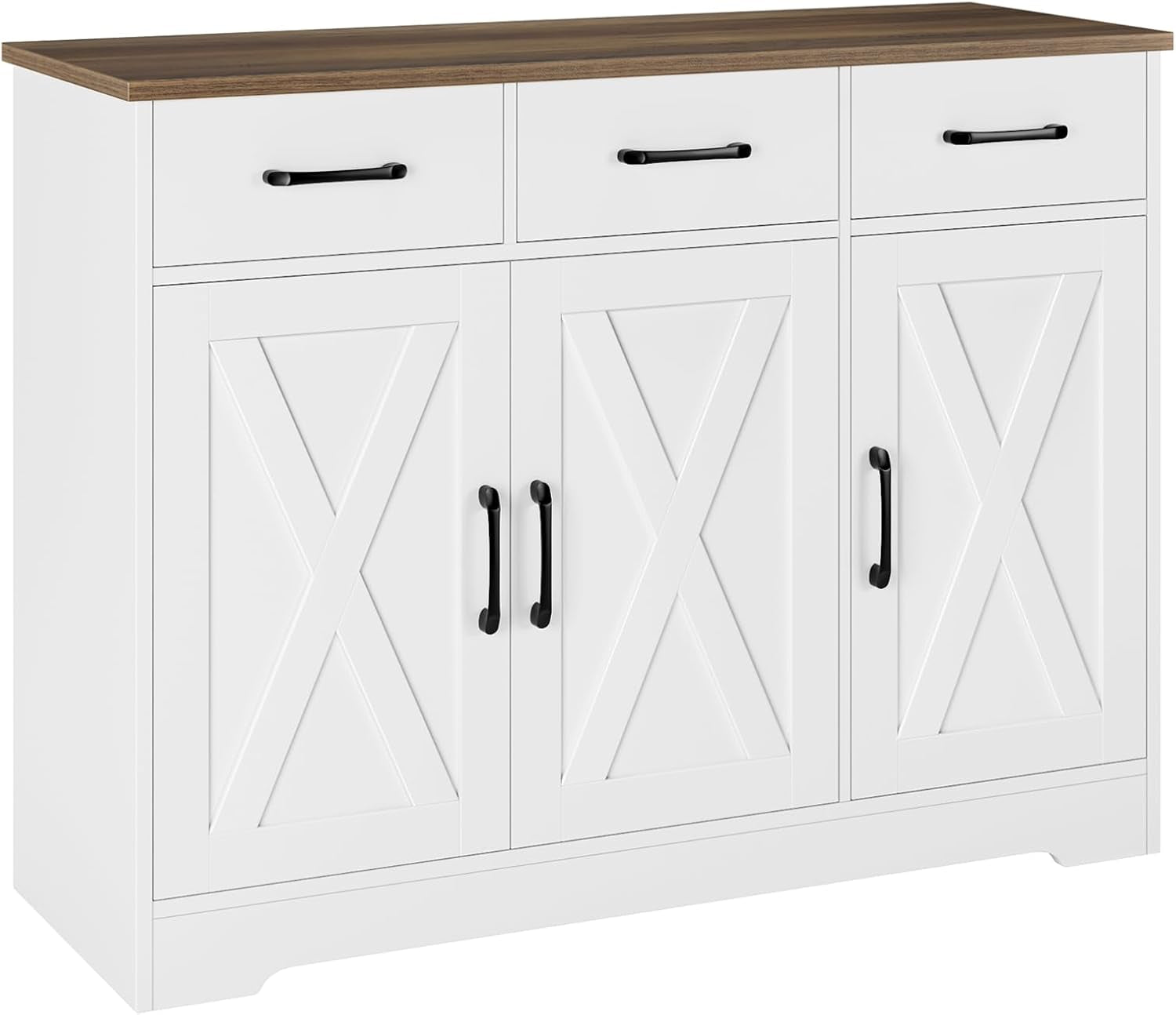 Modern Farmhouse Sideboard Buffet Cabinet, Barn Doors Buffet Storage Cabinet with Drawers and Shelves, Wood Coffee Bar Cabinet with Storage for Kitchen, Dining Room, Living Room, White