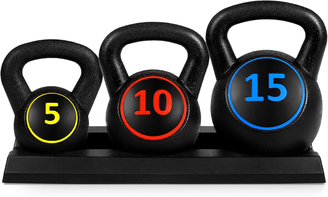 3-Piece Kettlebell Set with Storage Rack, HDPE Coated Exercise Fitness Concrete Weights for Home Gym, Strength Training, HIIT Workout 5Lb, 10Lb, 15Lb