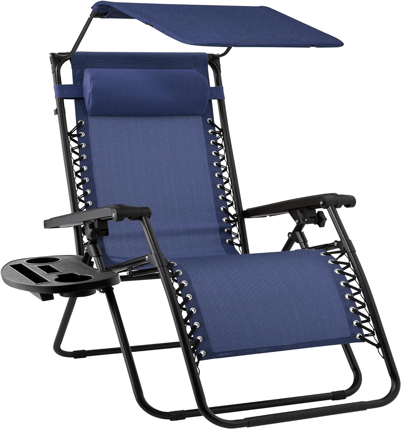 Folding Zero Gravity Outdoor Recliner Patio Lounge Chair W/Adjustable Canopy Shade, Headrest, Side Accessory Tray, Textilene Mesh - Navy Blue