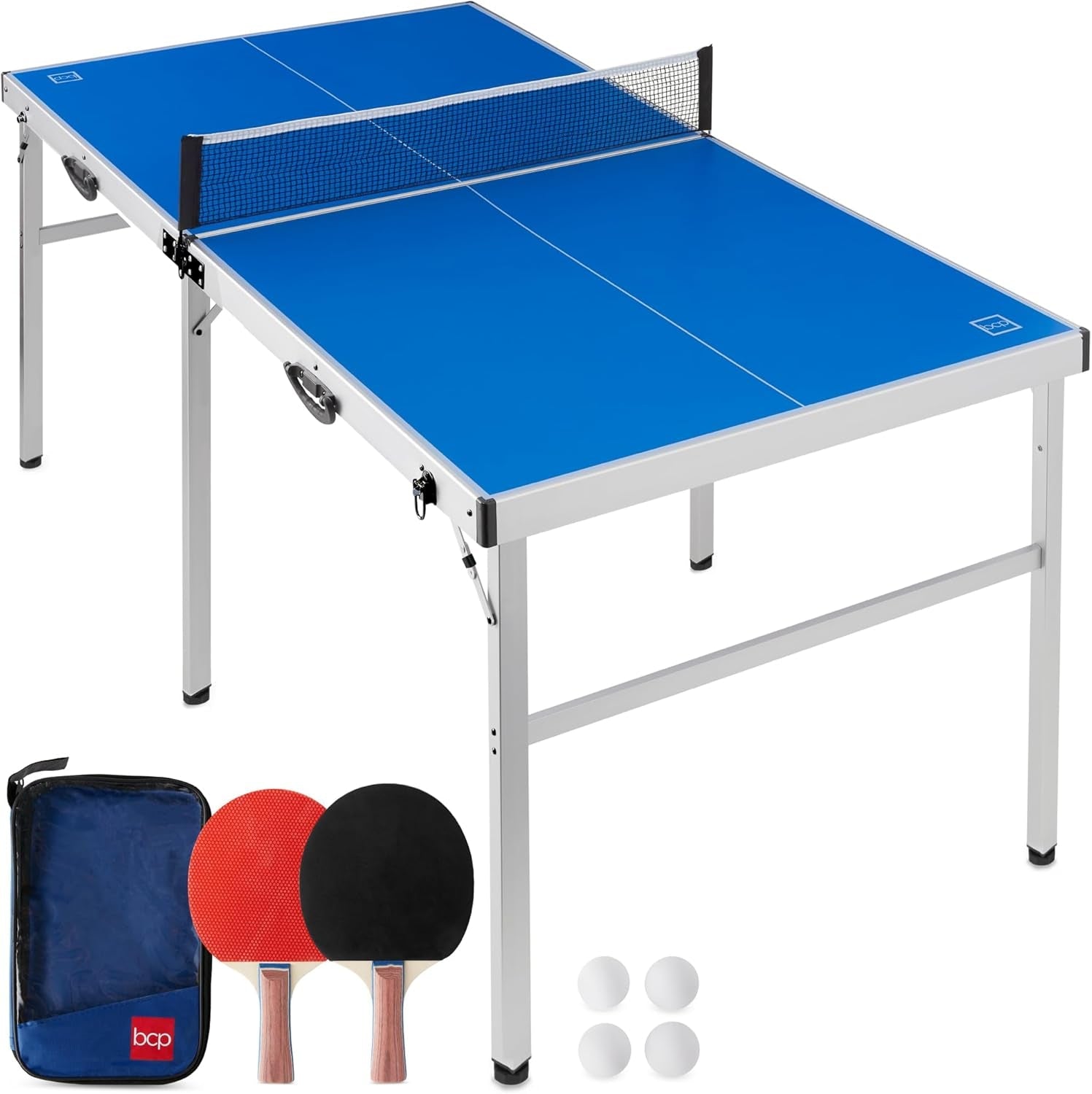 6X3Ft Portable Ping Pong Table, Mid-Size Folding Indoor Outdoor Table Tennis W/ 2 Paddles, 4 Balls Included, Carrying Bag