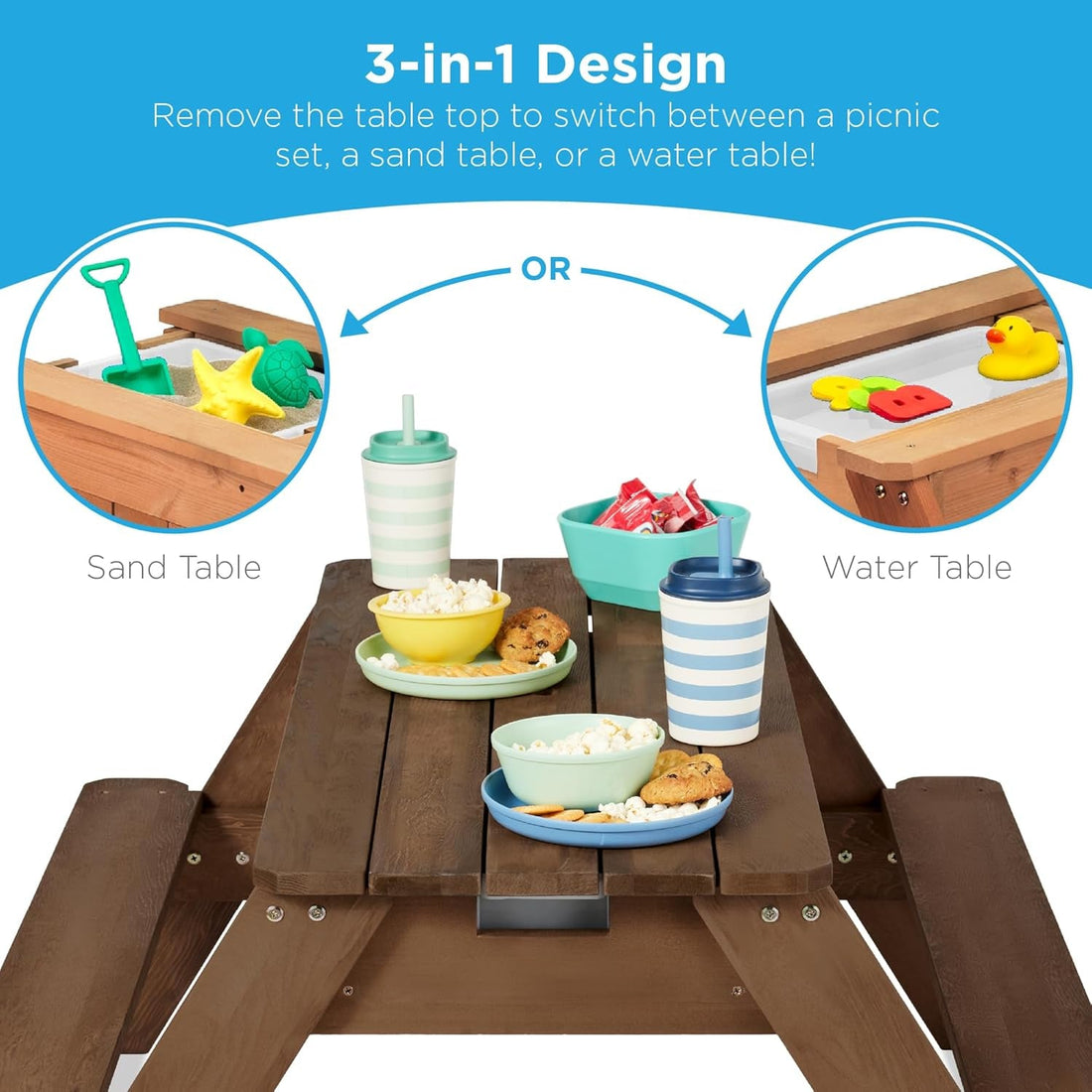 Kids 3-In-1 Sand &amp; Water Table, Wood Outdoor Convertible Picnic Table W/Umbrella, 2 Trays, Removable Top - Walnut/Beige