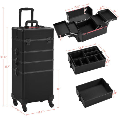 4 in 1 Professional Makeup Train Case Aluminum Cosmetic Case Rolling Makeup Case Extra Large Trolley Makeup Travel Organizer, with 360° Swivel Wheels, Black