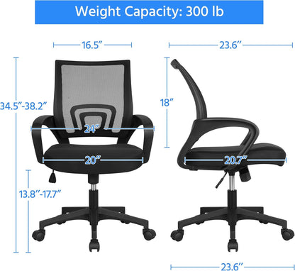 Office Chair Ergonomic Computer Chair Mid Back Adjustable Desk Chair with Lumbar Support Armrest, Swivel Rolling Mesh Task Gaming Chair for Home Office Work Study, Black