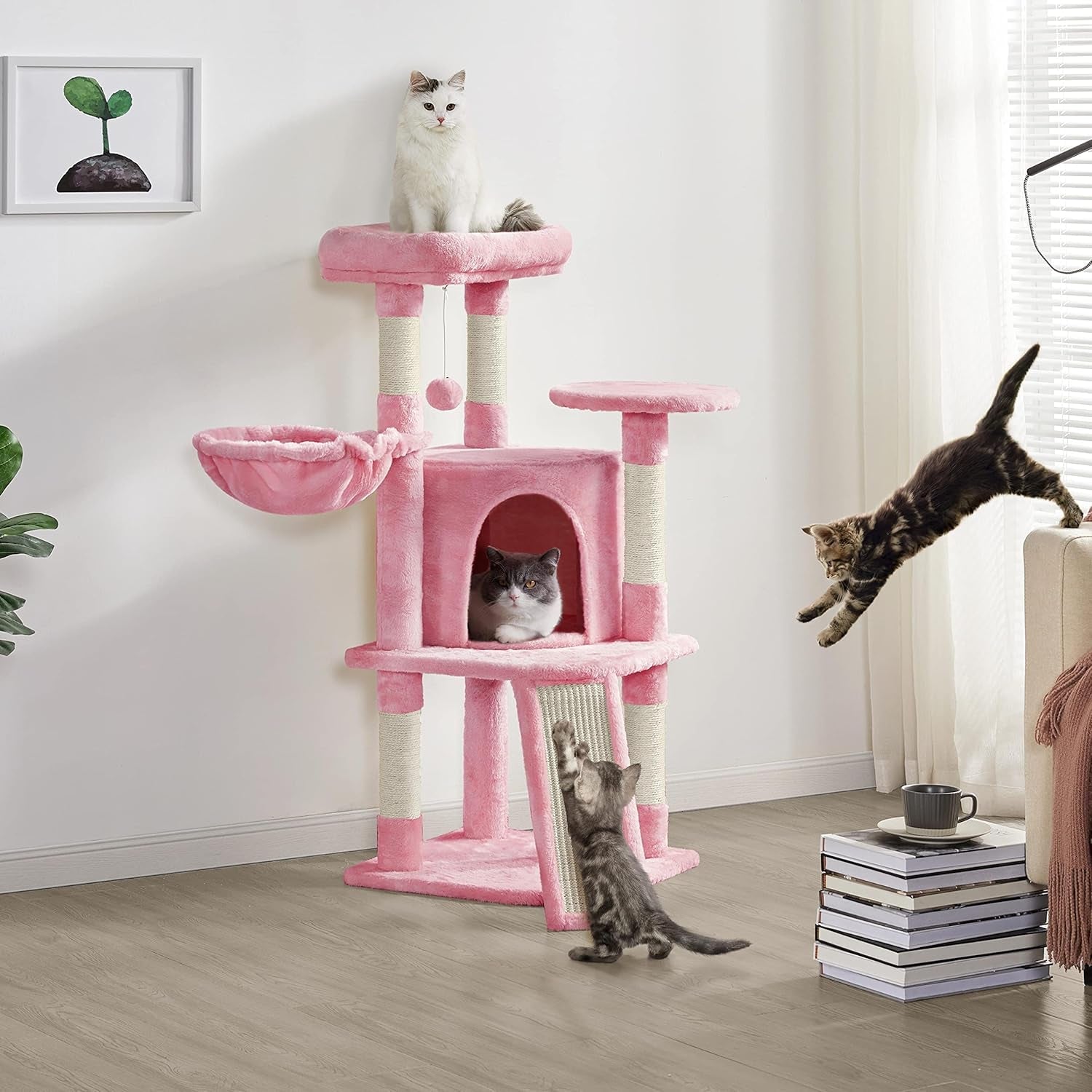 Cat Tree, 42In Cat Tower for Indoor Cats, Cat House with Large Perch &amp; Scratching Posts &amp; Cozy Condo &amp; Scratching Ramp, Cat Activity Center Cat Furniture, Pink