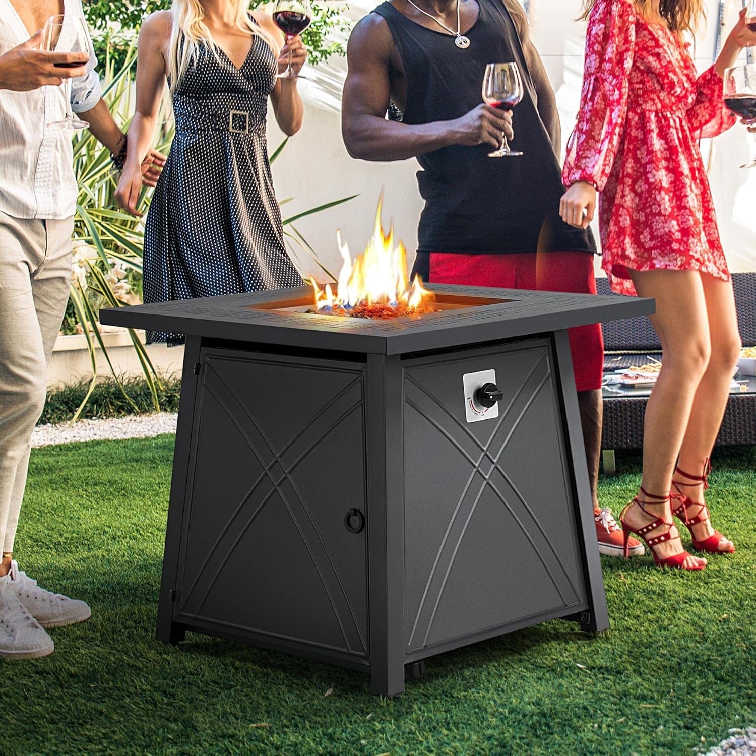 28In Propane Fire Pit Gas Fire Pit Table with Lid and Iron Tabletop for Outdoor, Patio, Garden and Camping, 50,000 BTU with Lava Rocks, Heavy Duty 2 in 1 Square Firepit Table for Party