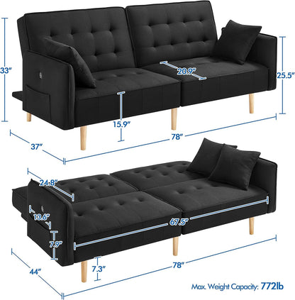 78” Convertible Sofa Bed with USB Ports Sleeper Couch Futon Daybed Sleeper Sofa for Living Room Convertible Loveseat Adjustable Couch Bed Linen Fabric Tufted Split-Back Daybed, Black