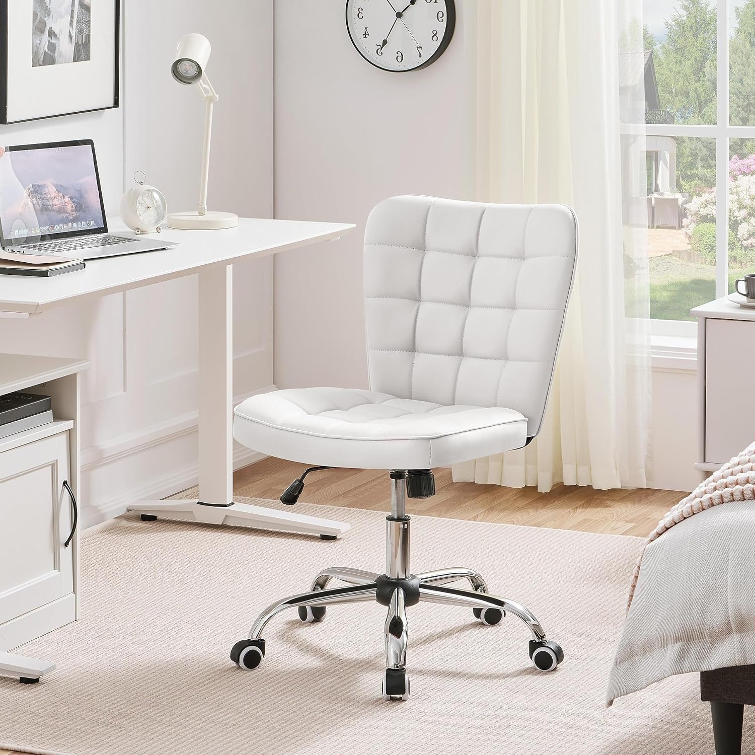 Armless Desk Chair Modern Tufted Office Chair Faux Leather Upholstered Computer Chair with Adjustable Seat Height and Rolling Wheels for Home/Office, White