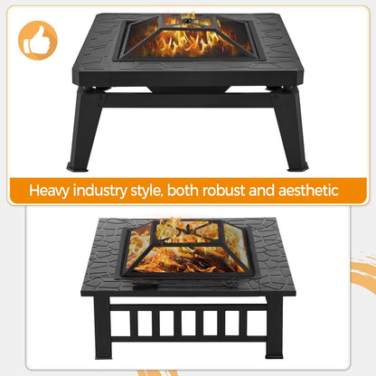 Fire Pit 34.5In Fire Pits for outside Large Fire Pit Table Futuristic Mecha/Mechs Design Square Wood Burning Fire Pits for Patio Garden Camping Bonfire W/Log Grate &amp; Rain Cover &amp; Poker