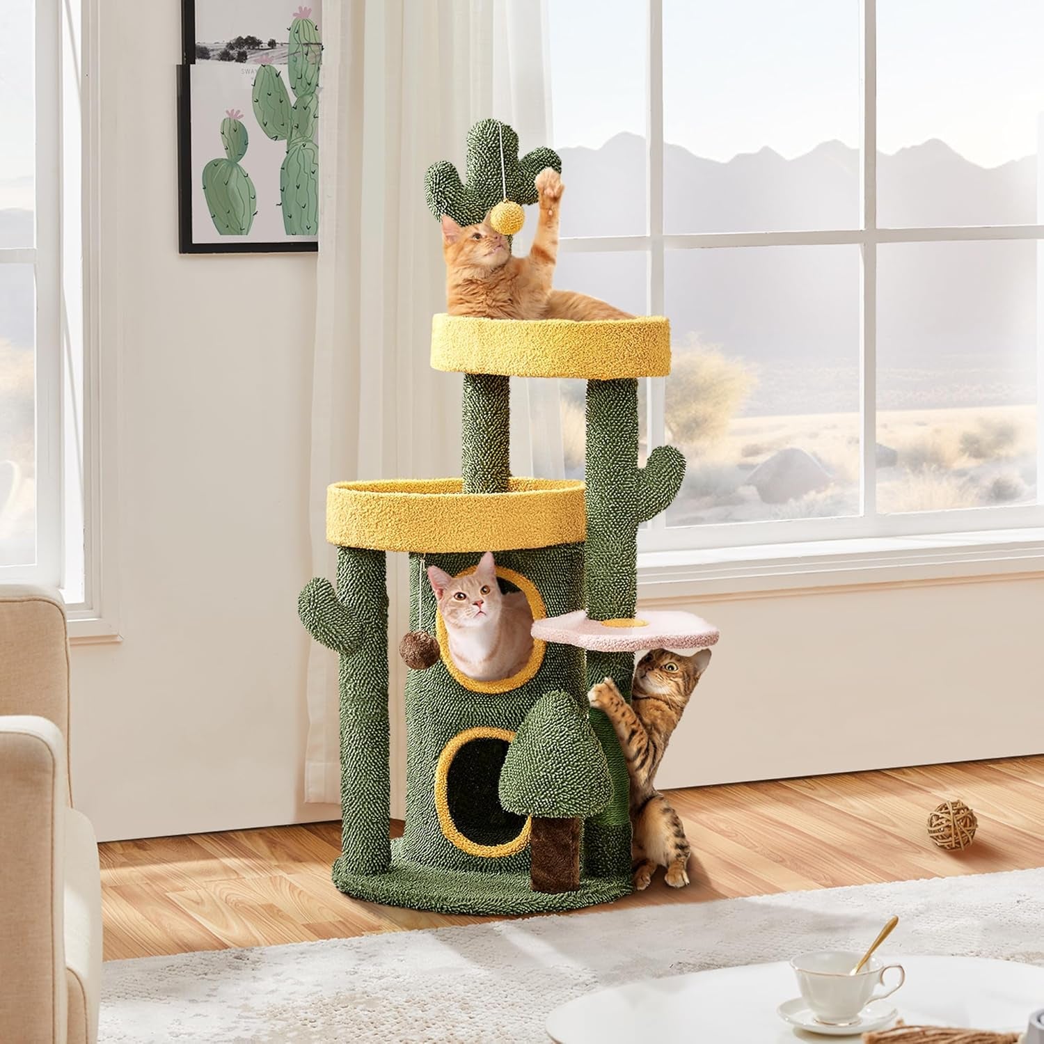 Cactus Cat Tree for Indoor Cats, 48.5In Cat Tower with 2 Large Platform, 2 Tiered Condo, Scratching Posts &amp; Dangling Balls, Oasis-Themed Cat Activity Center