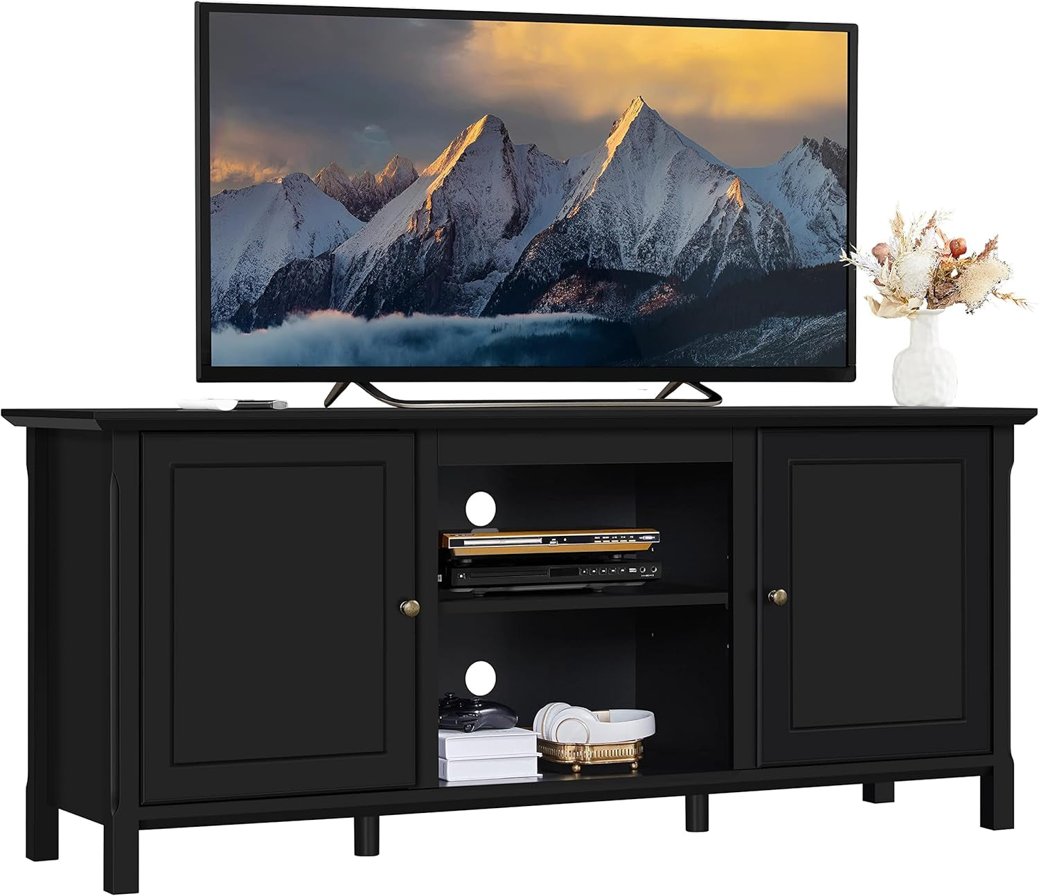 Black TV Stand for 65 Inch TV, Entertainment Center with Power Outlet, TV Console Table for Living Room, Wood Dresser Table for Bedroom