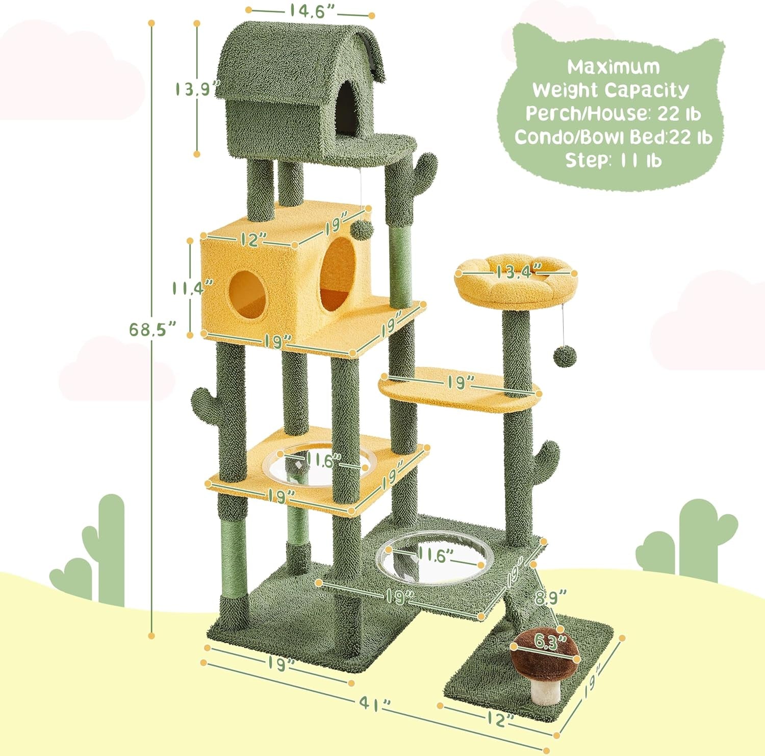 Cactus Cat Tree, Large Cat Tree for Indoor Cats, Multi-Level Cat Tower with 2 Large Condo, Scratching Posts, 2 Acrylic Clear Bowls and Dangling Balls, 68.5In