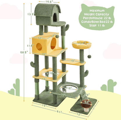 Cactus Cat Tree, Large Cat Tree for Indoor Cats, Multi-Level Cat Tower with 2 Large Condo, Scratching Posts, 2 Acrylic Clear Bowls and Dangling Balls, 68.5In