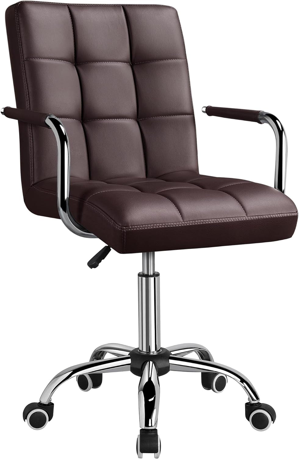 PU Leather Office Desk Chair Mid Back Height Adjustable Chair Comfortable Computer Swivel Chair W/Armrests, Retro Brown