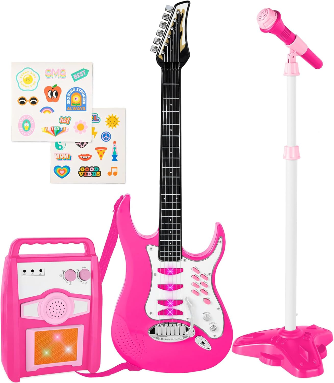 Kids Electric Musical Guitar Play Set, Toy Guitar Starter Kit Bundle W/ 6 Demo Songs, Whammy Bar, Microphone, Amp, AUX, 2 Sticker Sheets - Pink