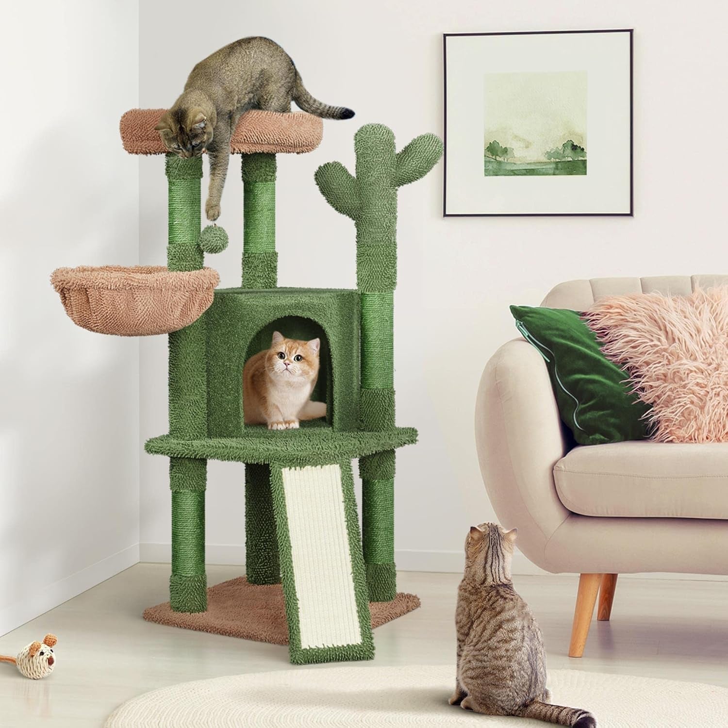 Cactus Cat Tree, 42In Cat Tower for Indoor Cats, Multi Level Cat Condo Scratching Post, Cat Activity Center Pet Furniture W/Ball, Plush Perch, Platform, Basket