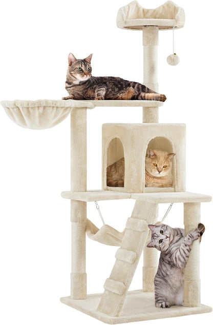 Cat Tree, 54In Tall Cat Tower for Indoor Cats, Multi-Level Cat Furniture with Extended Platform &amp; Basket, Spacious Cat Condo, Funny Hammock, Scratching Posts and Ladder for Kittens