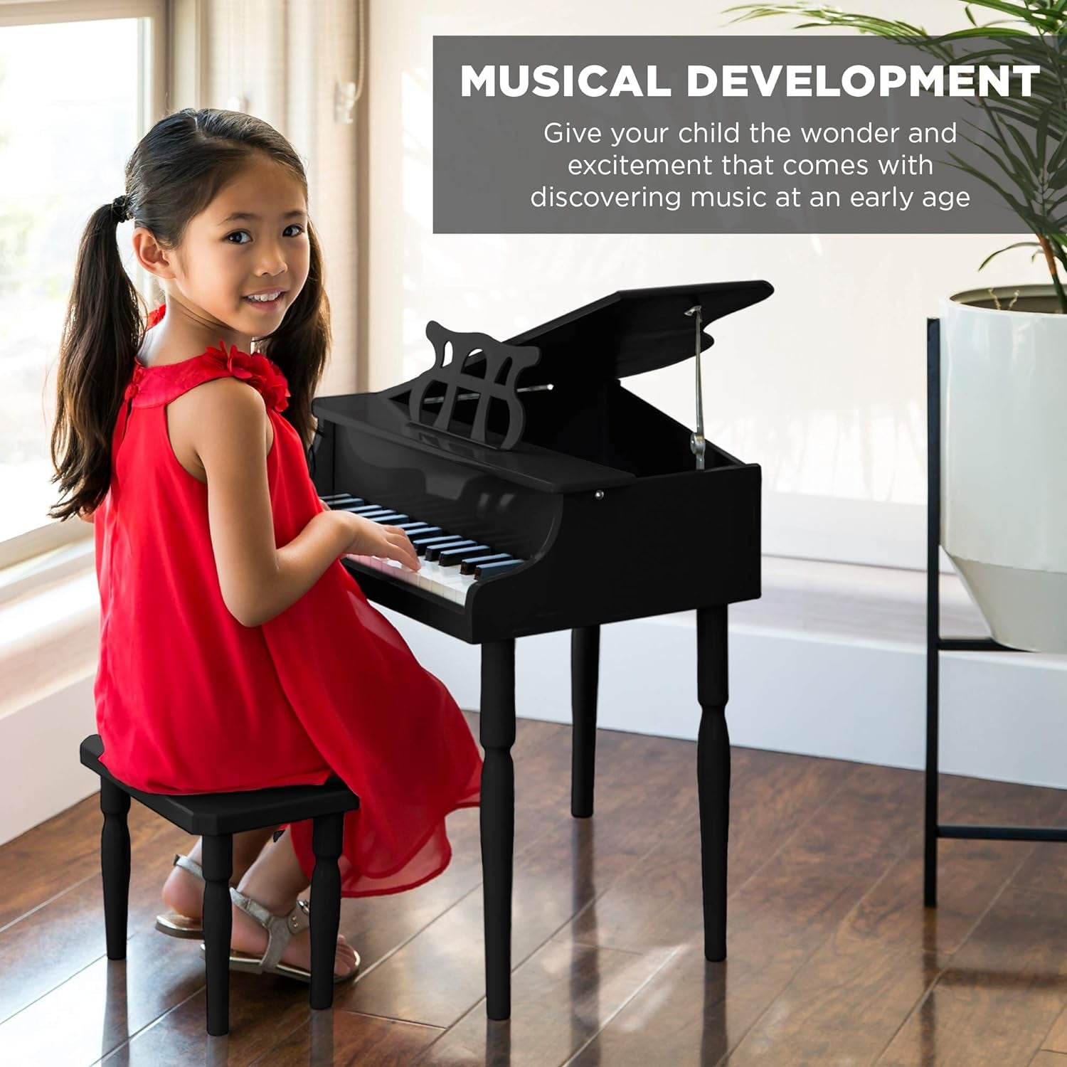 Kids Classic Wooden 30-Key Mini Grand Piano Musical Instrument Toy W/Piano Lid, Bench, Foldable Music Rack, Song Book, Note Stickers, Enamel Finish - Black