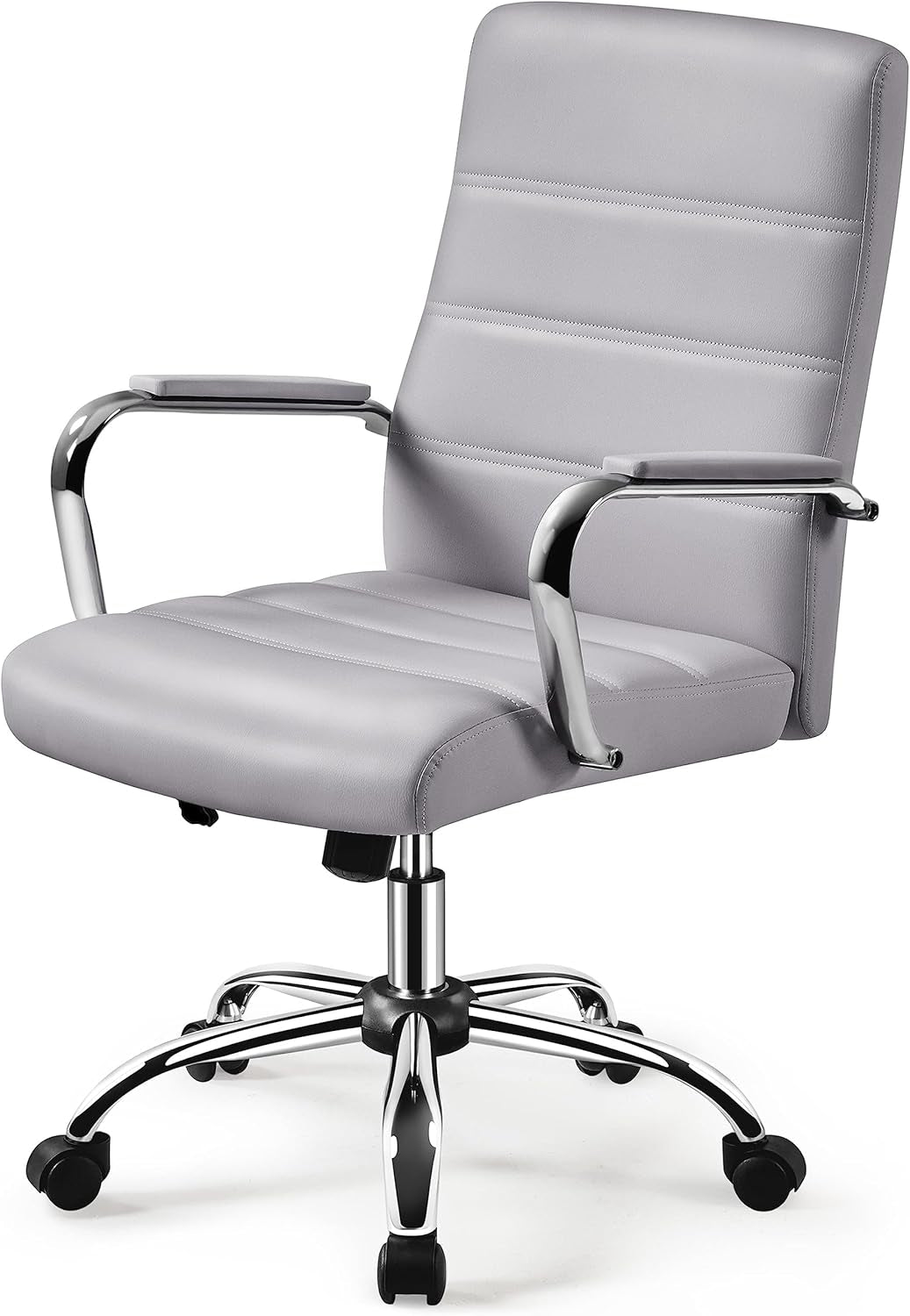 Office Desk Chair Mid-Back Leather Computer Chair Height Adjustable Ergonomic Executive Chair W/Lumbar Support Comfy Thick Padded Armrests and Seat, White