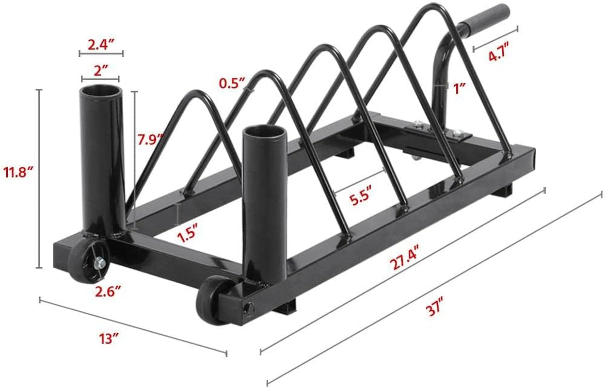 Horizontal Barbell Bumper Plate Rack Holder Olympic Bar Storage Rack with Handle and Wheels,Black