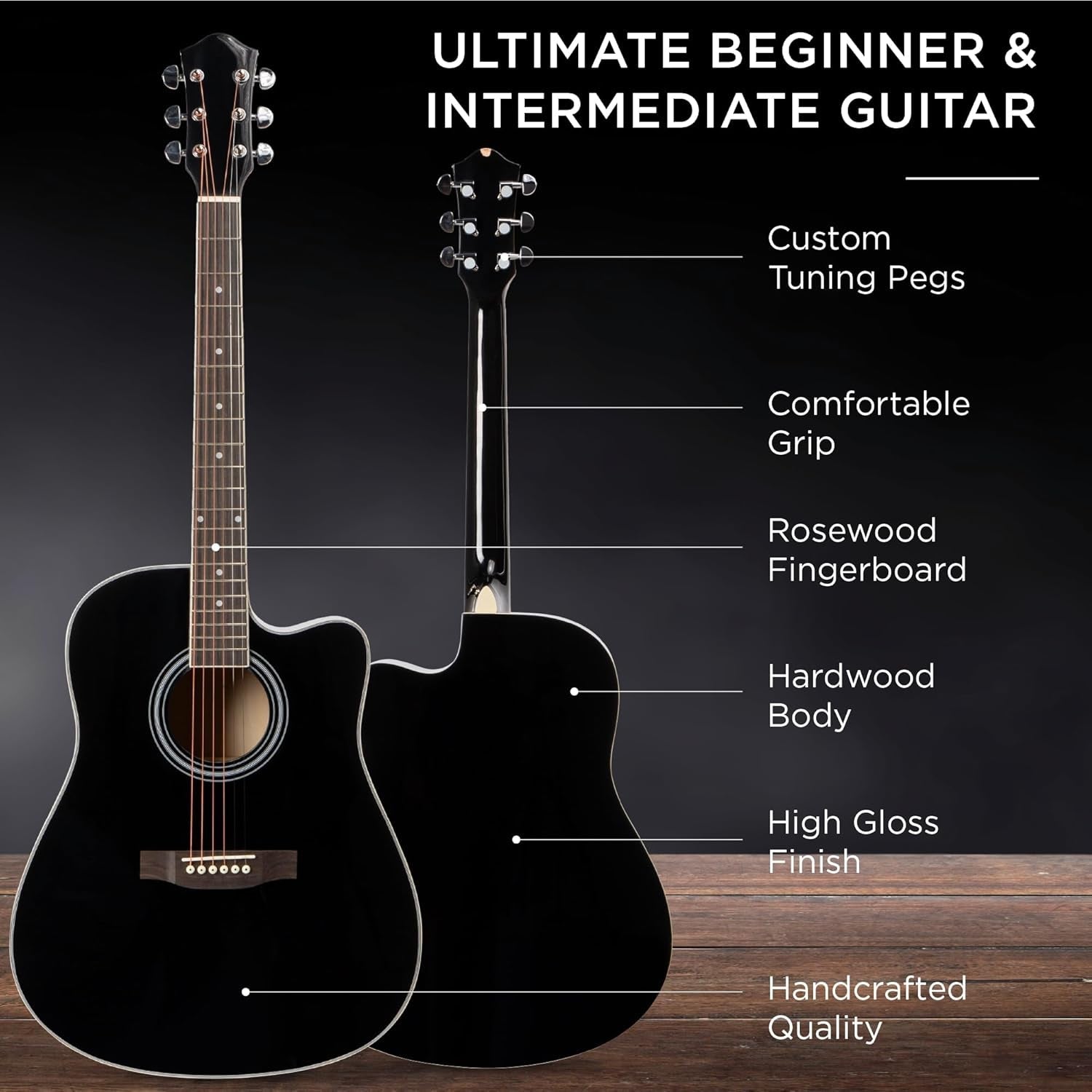 41In Beginner Acoustic Guitar Full Size All Wood Cutaway Guitar Starter Set Bundle with Case, Strap, Capo, Strings, Picks - Black