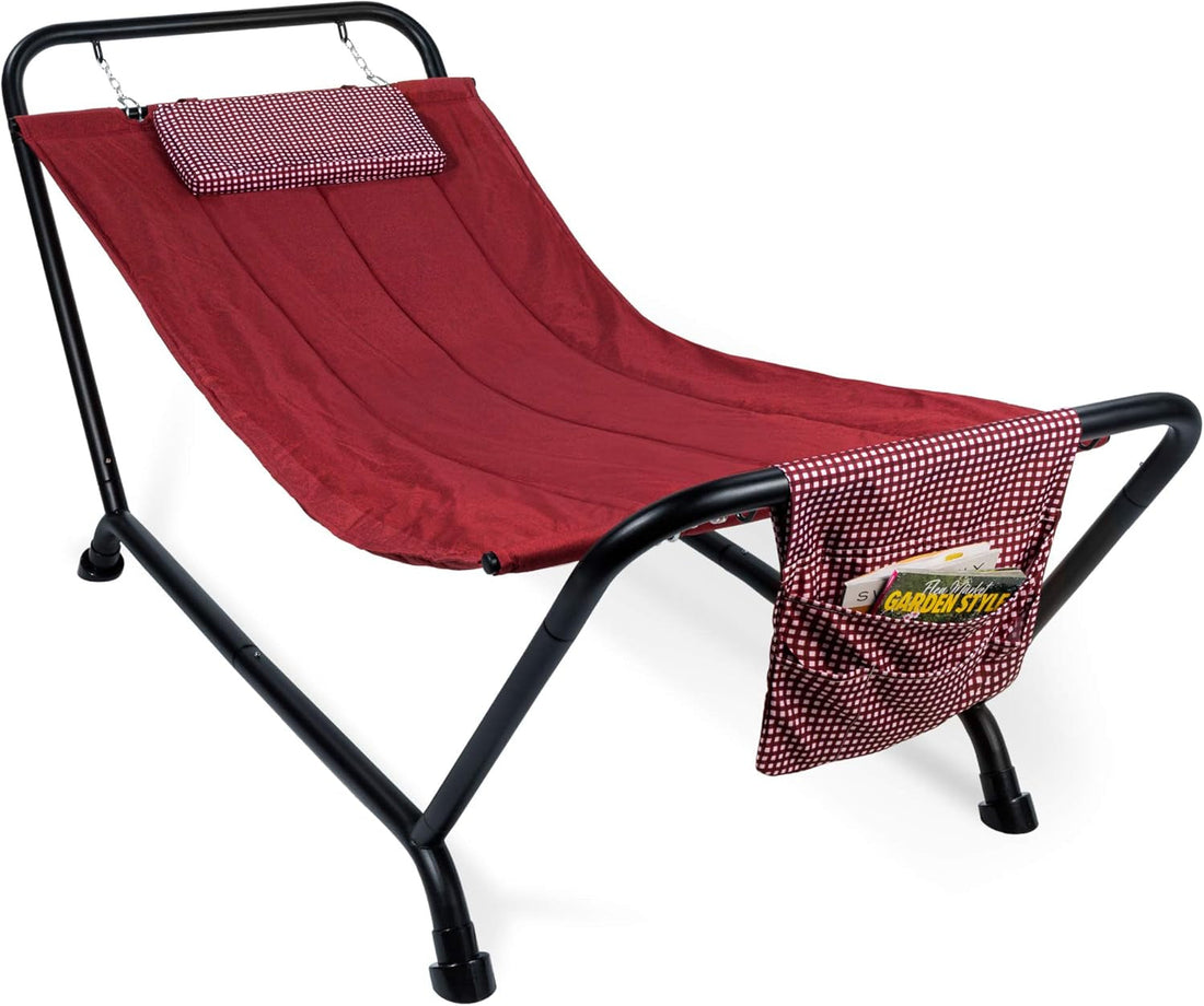 Outdoor Hammock Bed with Stand for Patio, Backyard, Garden, Poolside W/Weather-Resistant Polyester, 500LB Weight Capacity, Pillow, Storage Pockets - Red