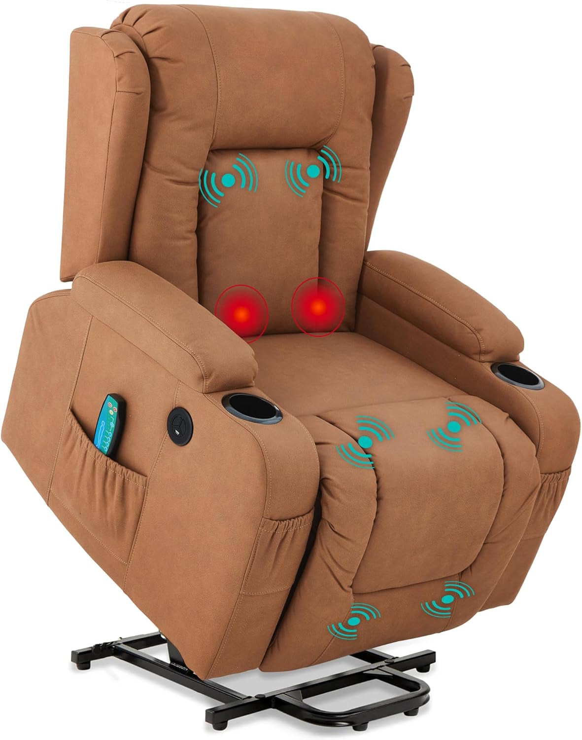 PU Leather Electric Power Lift Chair, Recliner Massage Chair, Adjustable Furniture for Back, Legs W/ 3 Positions, USB Port, Heat, Cupholders, Easy-To-Reach Side Button - Brown