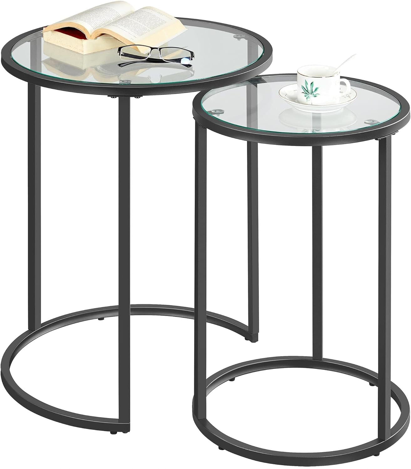 round Nesting End Table Set of 2,Stacking Side Tables,Coffee Tables Set W/Metal Frame &amp; Glass Top &amp; Protective Foot Pads for Small Space, Living Room, Office- Black