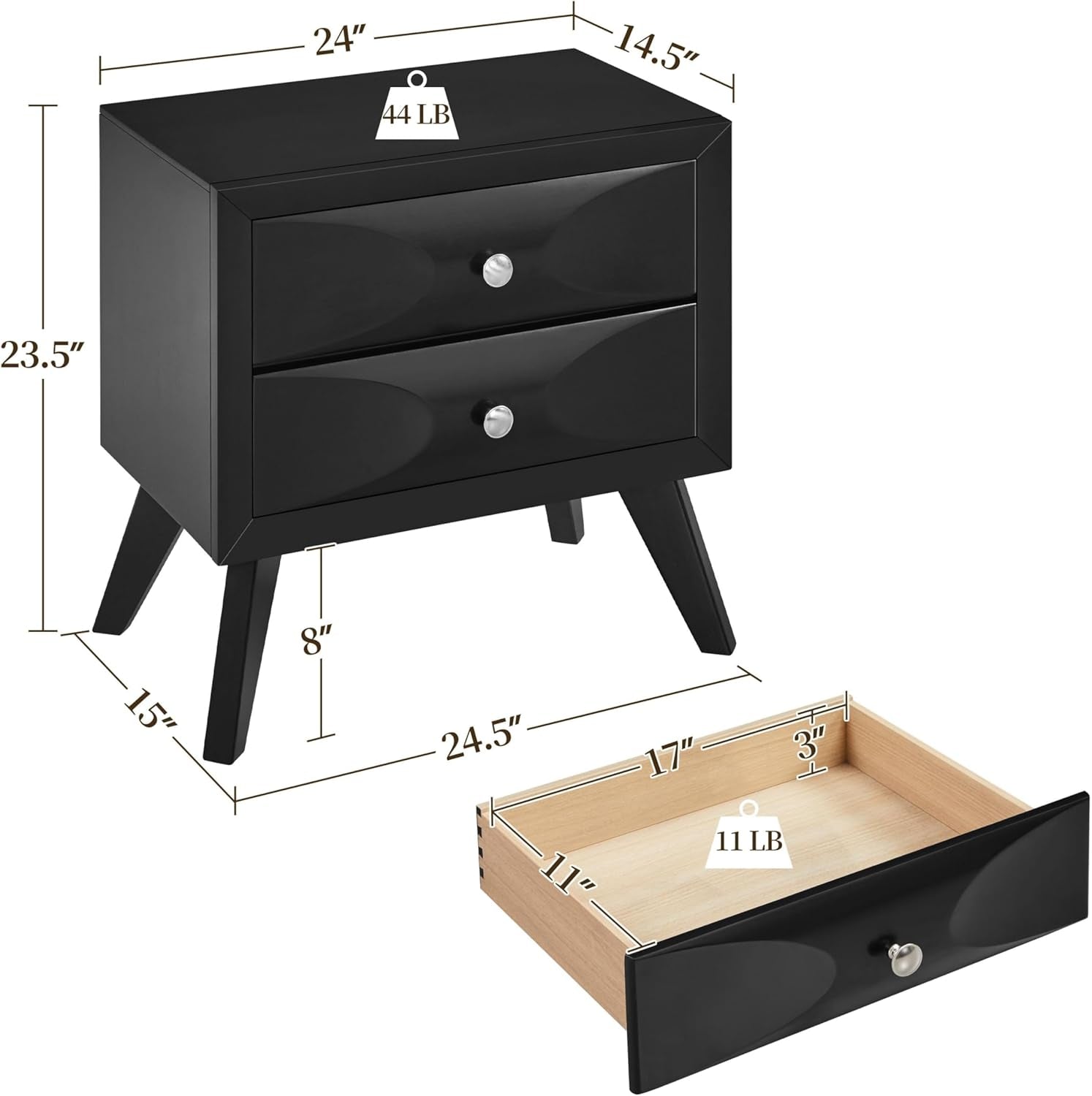 Nightstands Set of 2, Almost Fully-Assembled Nightstands with 2 Drawers and Solid Wood Legs, Large Bedside Tables with Storage, Modern Side Tables for Bedroom, 24.5″L×15″W×23.5″H, Black