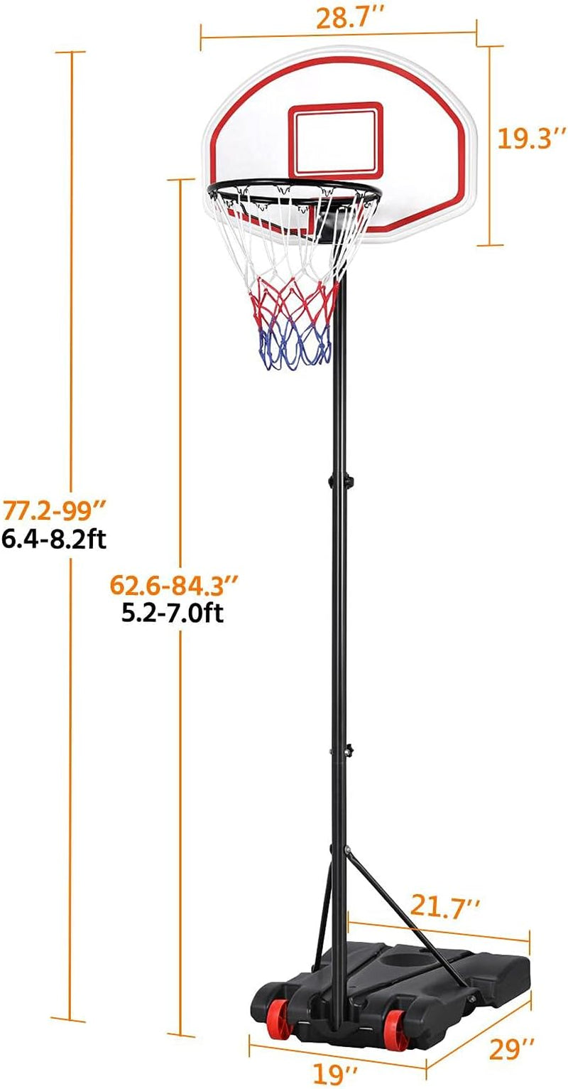 Portable Basketball Hoop for Kids Outdoor Basketball Goals Indoor Basketball Court Youth Adjustable Basketball Stand 6.4-8.2Ft Height Adjustable, Black/Red