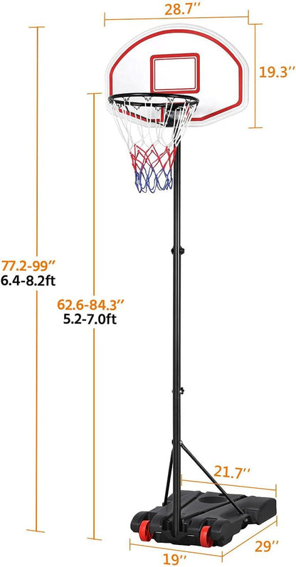 Portable Basketball Hoop for Kids Outdoor Basketball Goals Indoor Basketball Court Youth Adjustable Basketball Stand 6.4-8.2Ft Height Adjustable, Black/Red